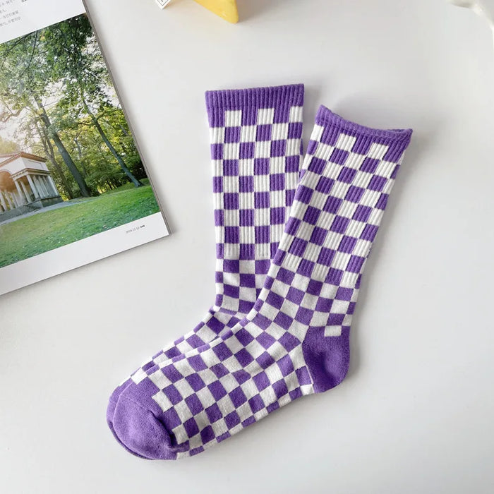 Checkered 'White | Violet' Crew Socks