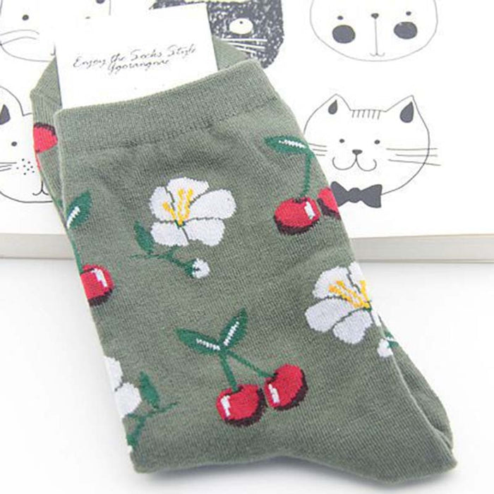 'Cherries And Hibiscus' Crew Socks